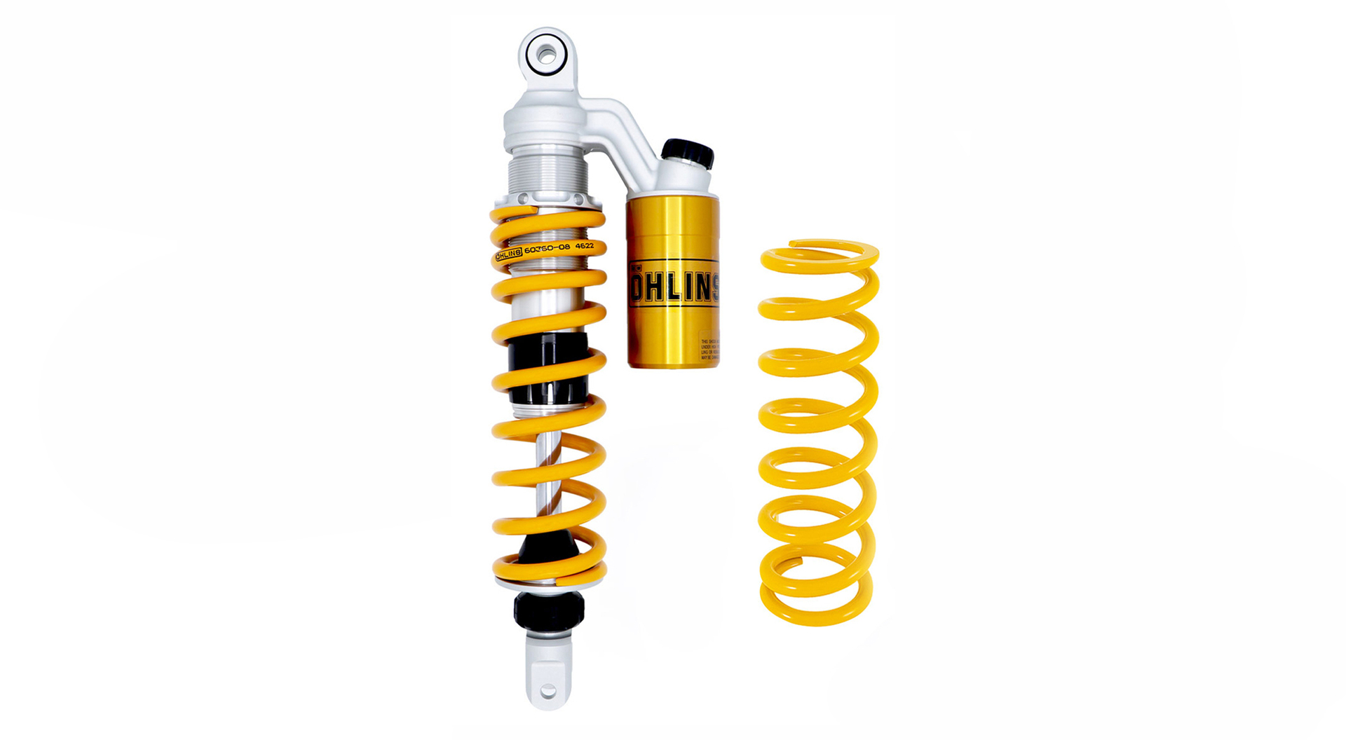 Öhlins STX 36 rear suspension unit for Honda Click 160, featuring piggy-back reservoirs and full adjustability in compression and rebound damping and spring preload.