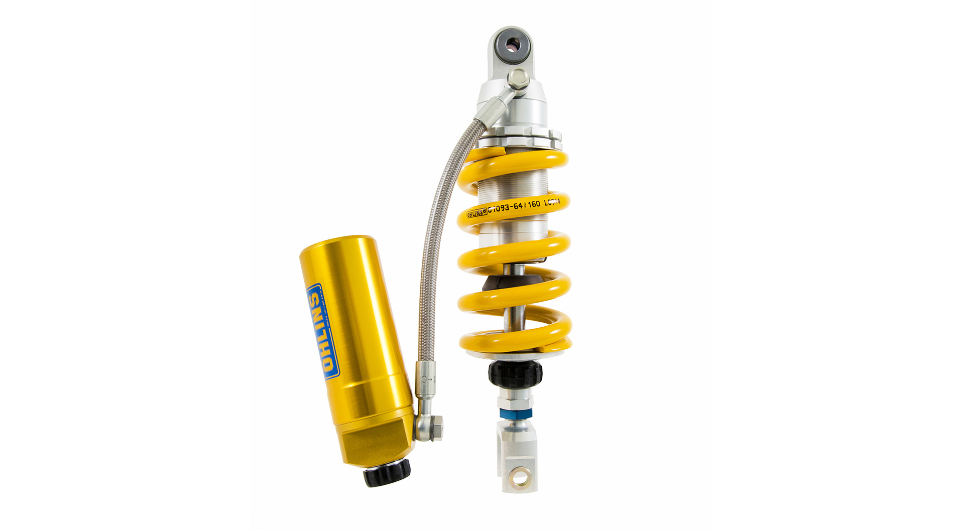 Öhlins TTX 46 rear suspension with hose-mounted remote reservoir, built to S46HR1C1L specification and featuring full adjustability in compression and rebound damping and spring preload and shock length.