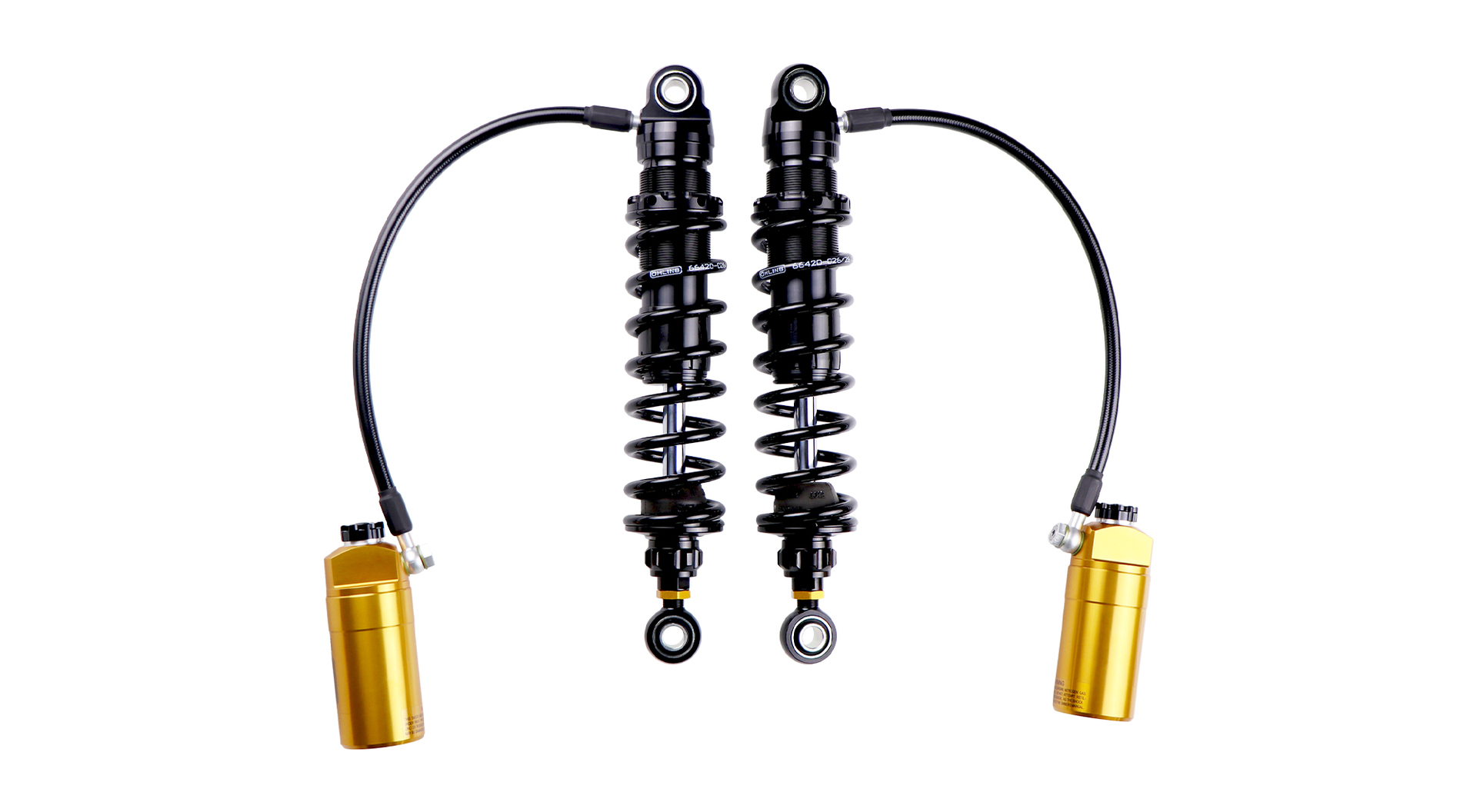 Öhlins Blackline STX 36 fully adjustable rear suspension for Harley-Davidson Touring models featuring hose-mounted remote reservoirs