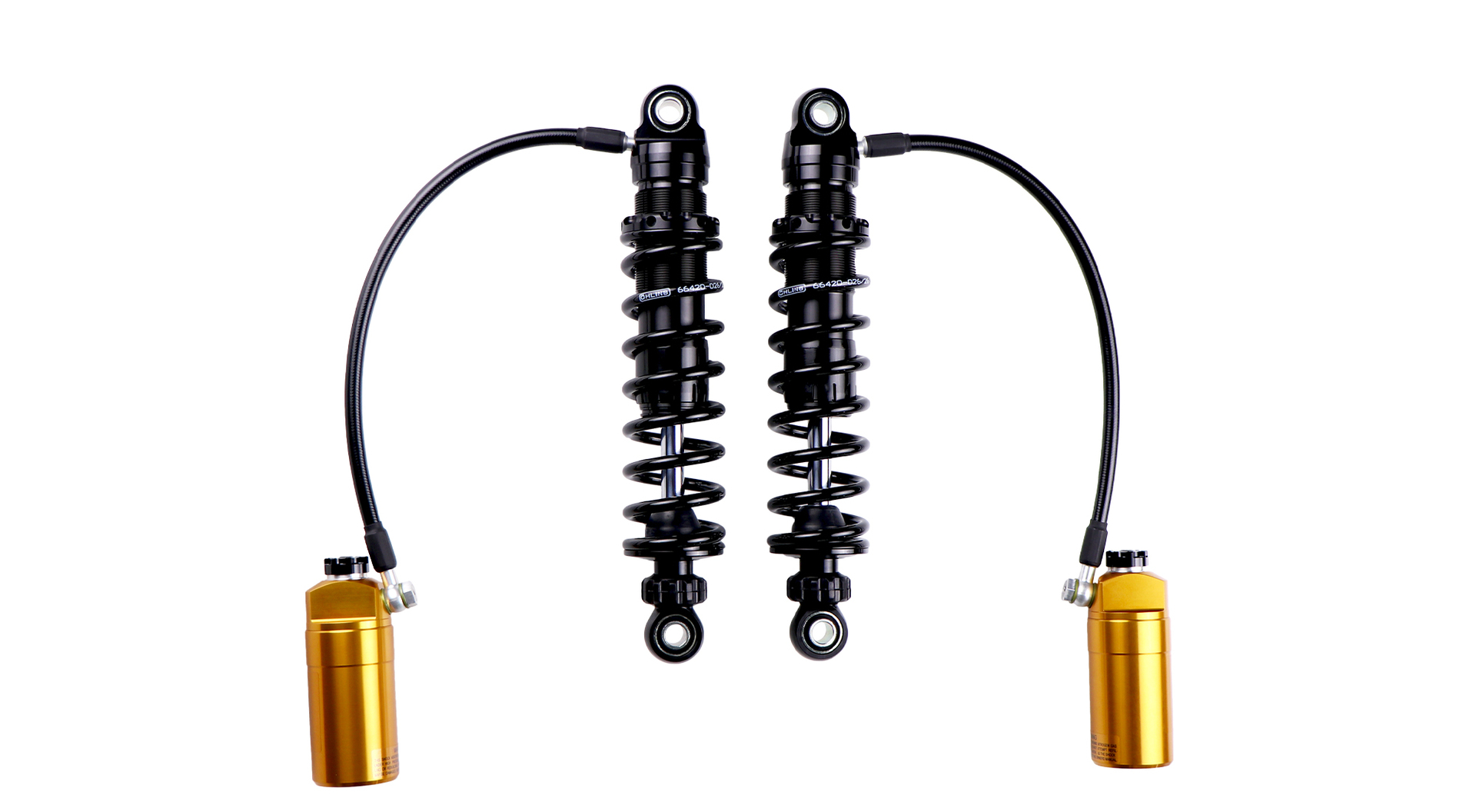 Öhlins Blackline STX 36 fully adjustable rear suspension for Harley-Davidson Touring models featuring hose-mounted remote reservoirs