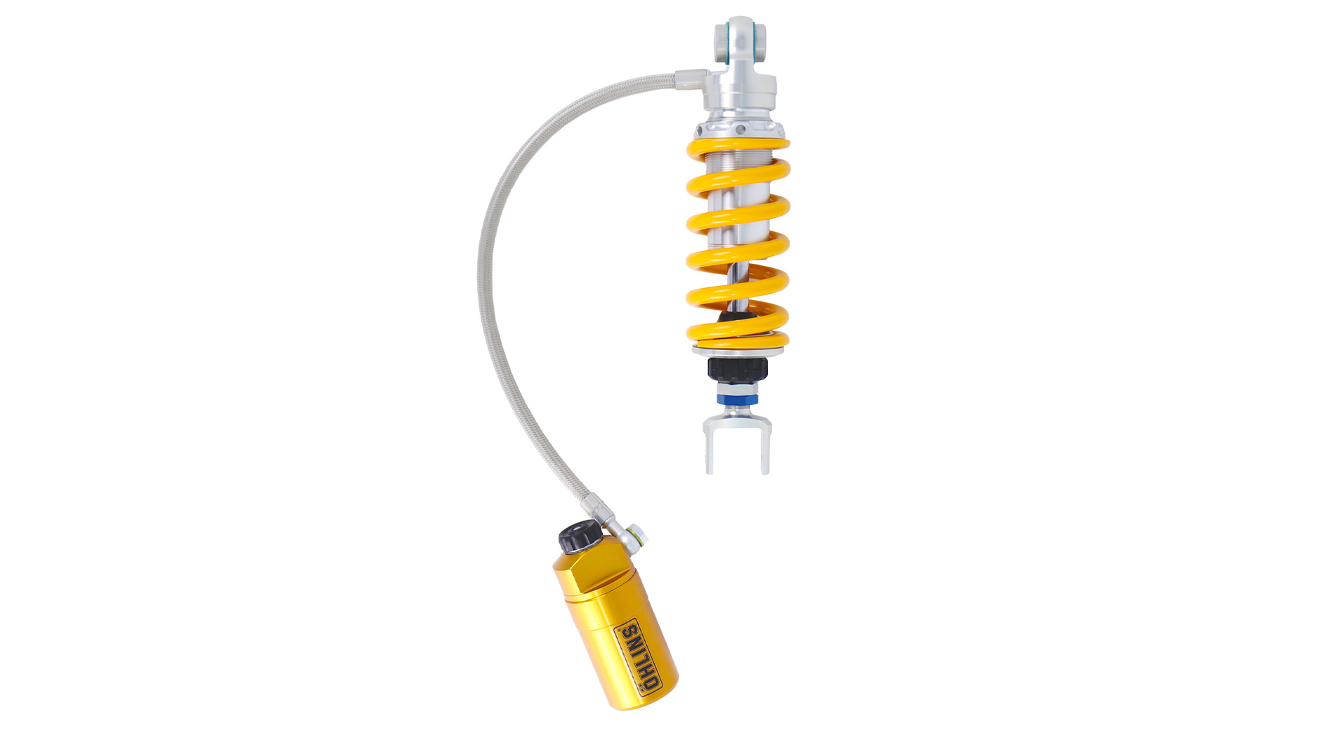 Öhlins STX36 rear shock fully adjustable in compression and rebound damping and spring preload and featuring a hose-mounted external reservoir