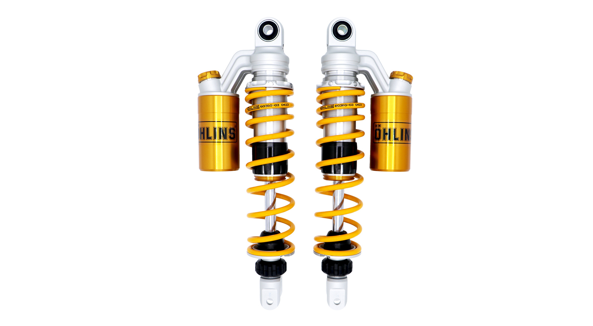 Öhlins STX 36 twin rear shocks (HO 242) for Honda Air Blade 125 and 160, fully adjustable in compression and rebound damping and spring preload and featuring piggy-back reservoirs.