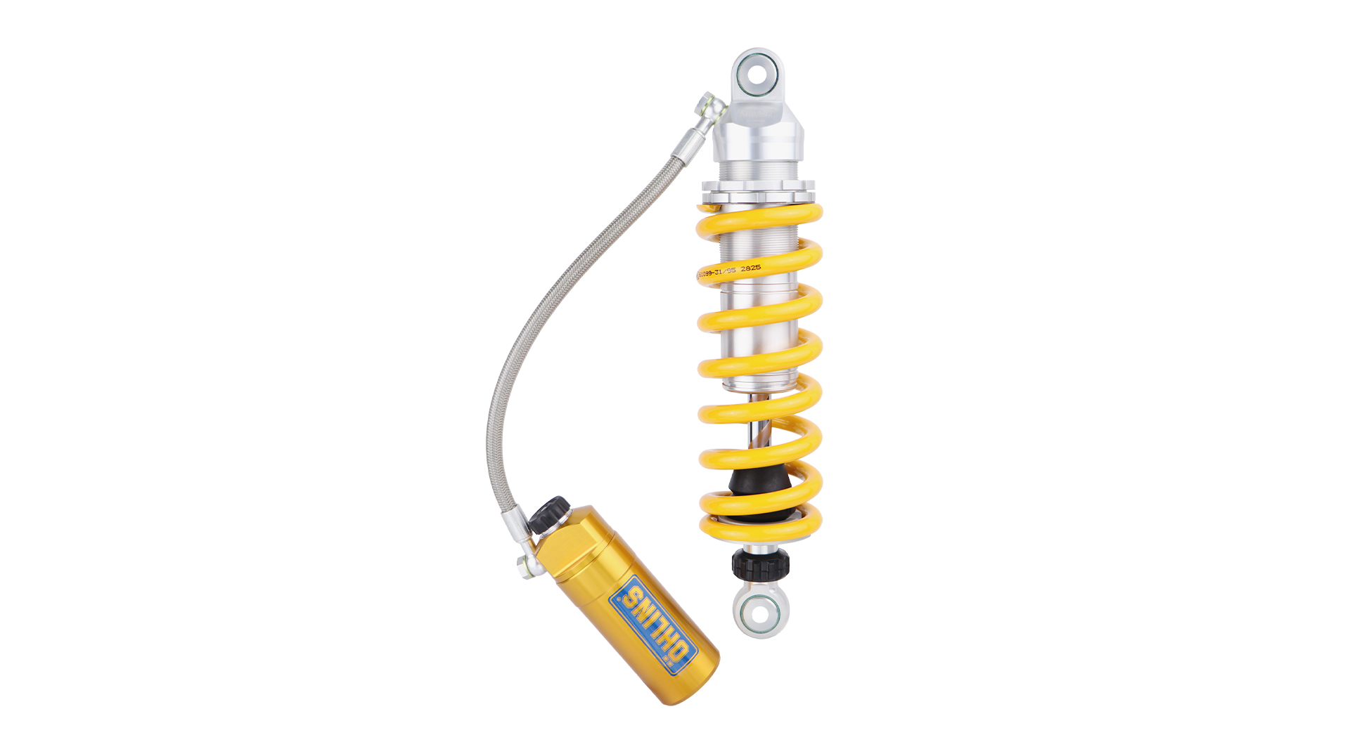 Öhlins CF 484 STX 46 rear shock absorber for the CFMoto 450MT featuring a hose-mounted external reservoir, adjustable spring preload, compression damping and rebound damping.