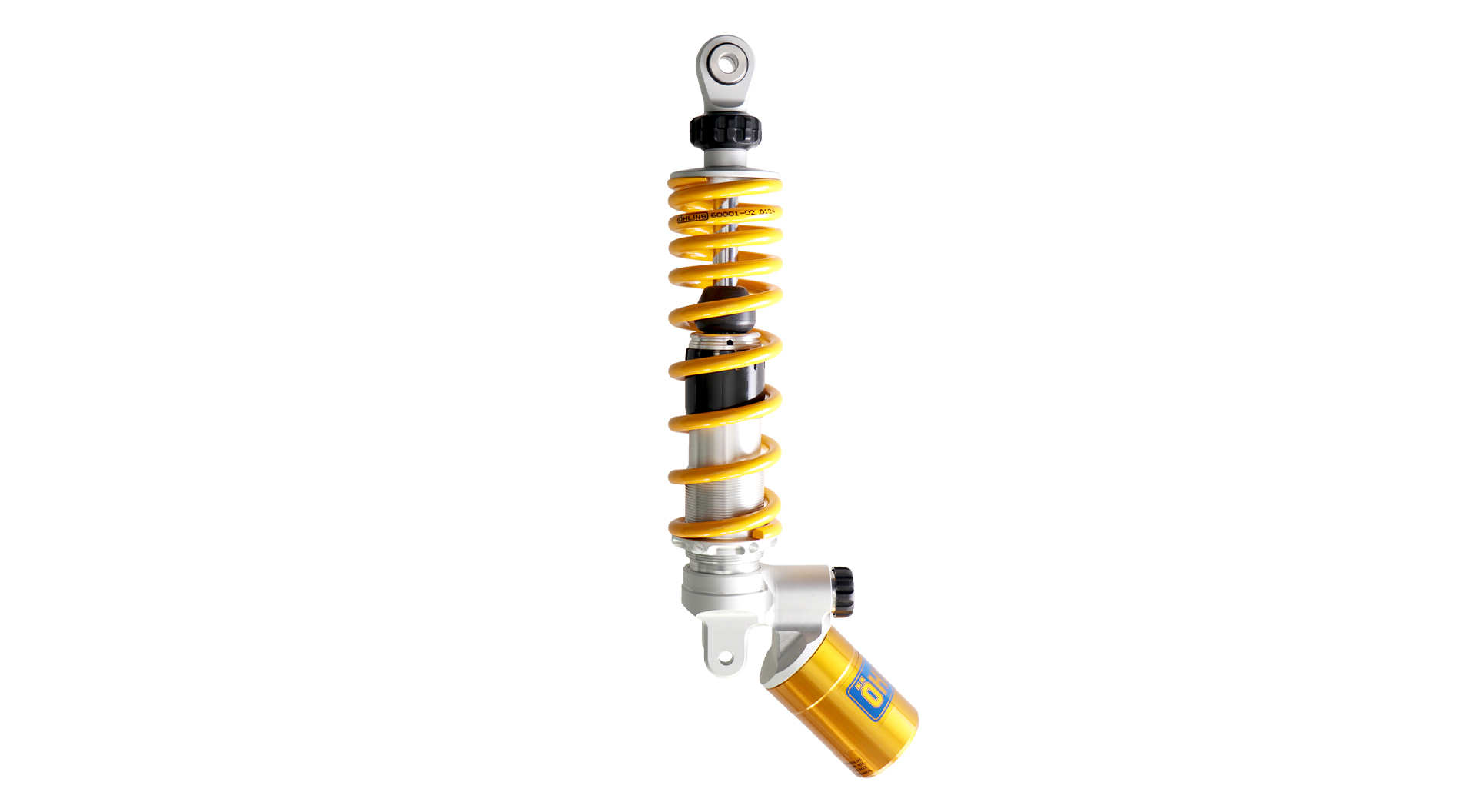 Öhlins STX 36 rear suspension unit for Honda stylo 160, featuring piggy-back reservoir and full adjustability in compression and rebound damping and spring preload.