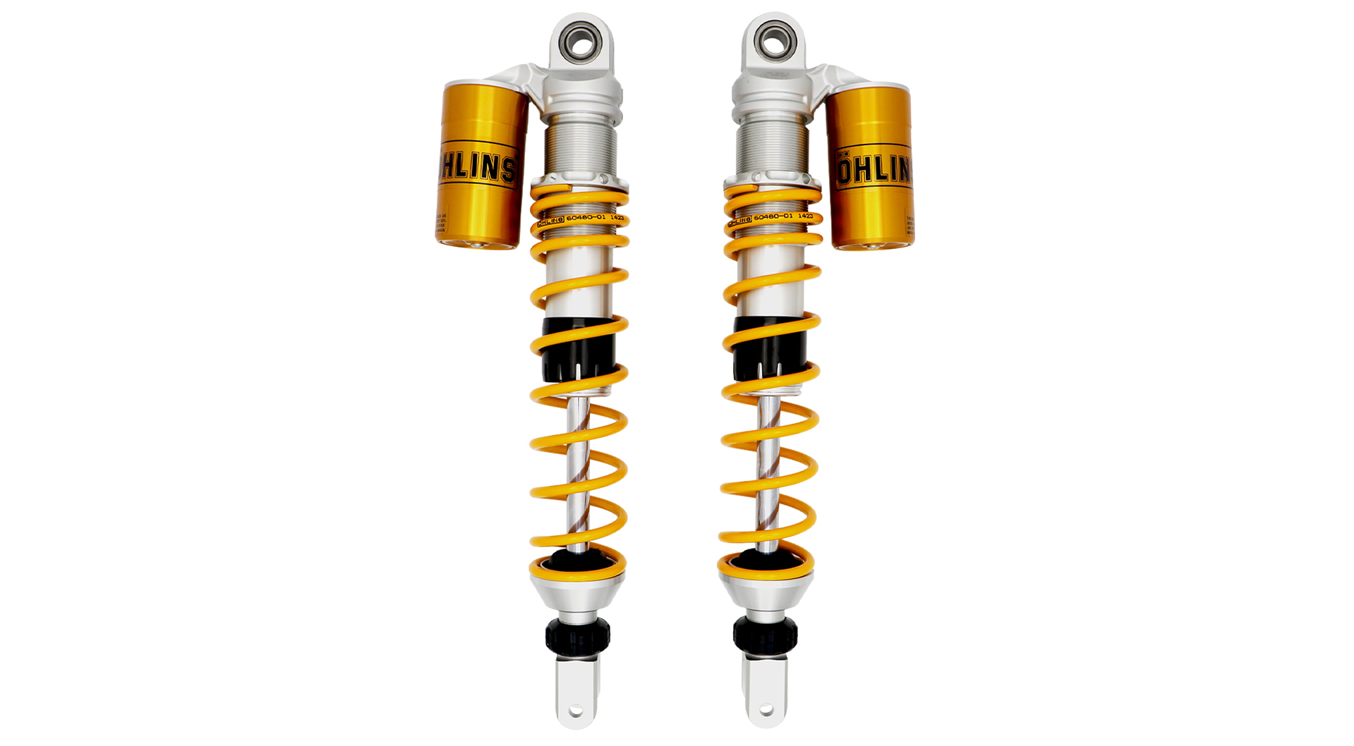 Öhlins STX 36 twin rear shocks (HO 345) featuring piggy-back reservoirs and adjustability in rebound damping, spring preload and including alternative, heavier rate springs.