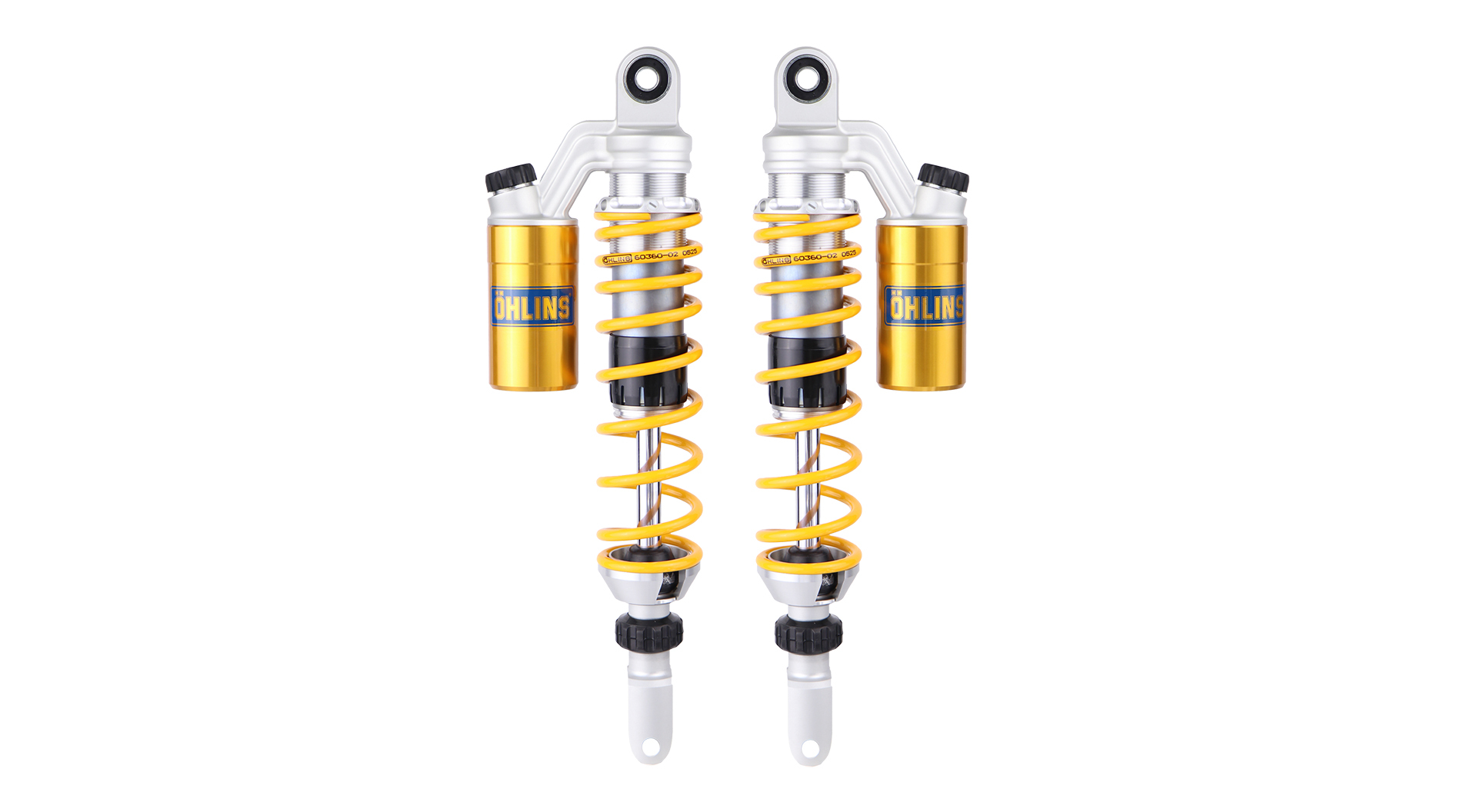 The Öhlins STX 36 twin rear shocks (part no. ZO 433) for the Zontes 350E feature piggy-back reservoirs and full adjustability in compression and rebound damping and spring preload.