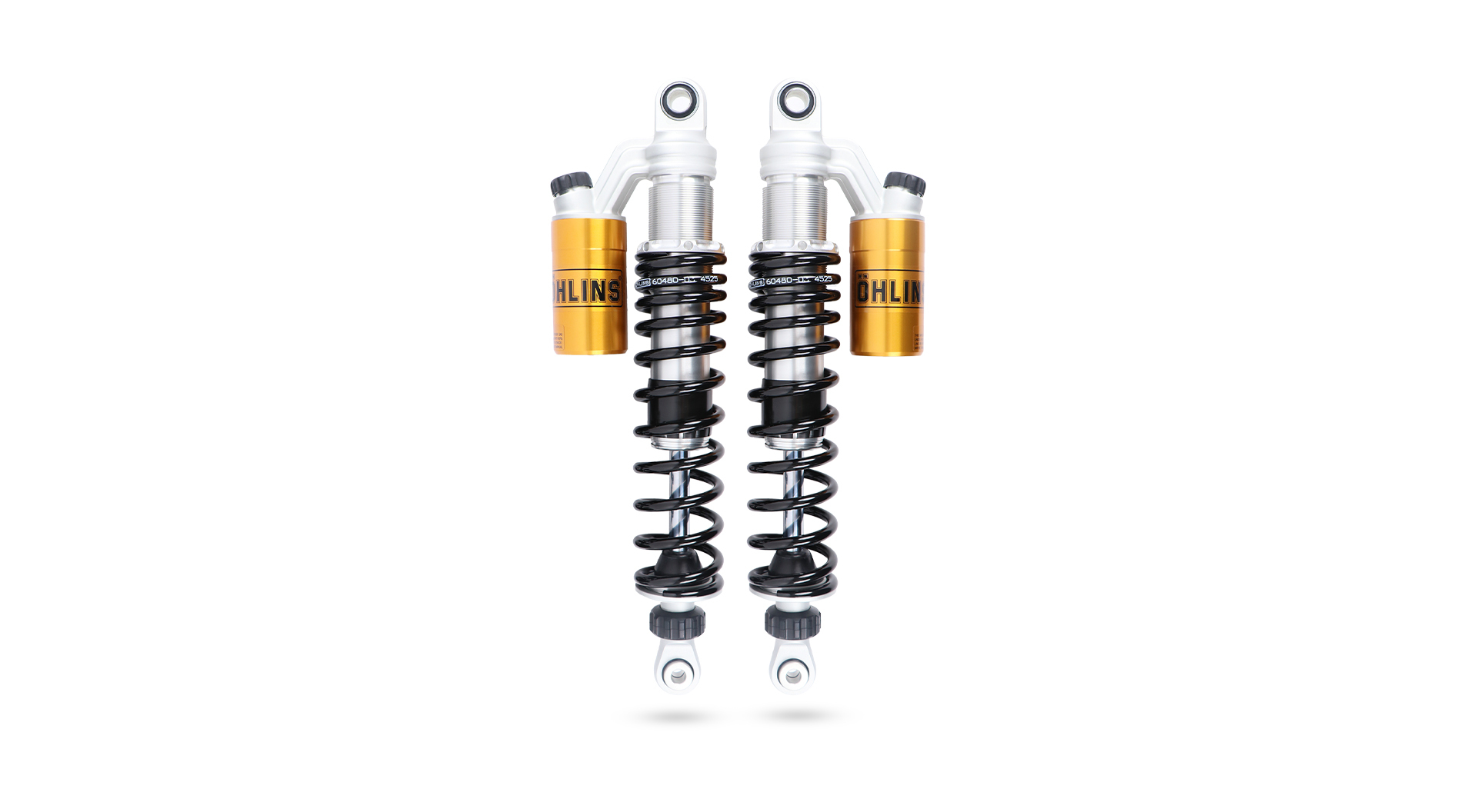 Öhlins STX36 Piggyback shock absorbers (RE 539) for Royal Enfield Bear 650 featuring adjustable compression & rebound damping, and spring preload.