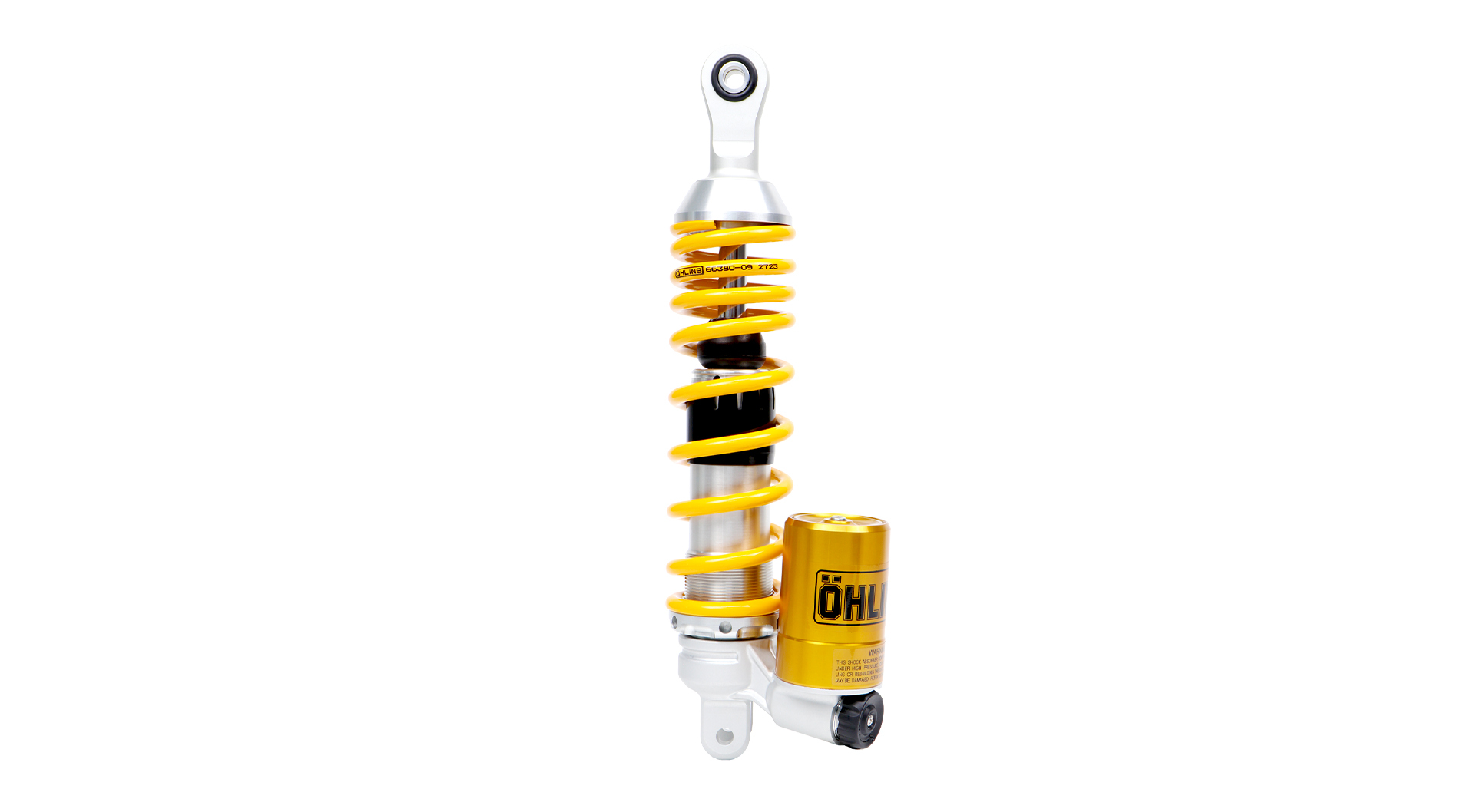 Öhlins rear suspension for Yamaha Mio Fazzio, featuring piggy-back reservoir and adjustability in compression damping and spring preload.