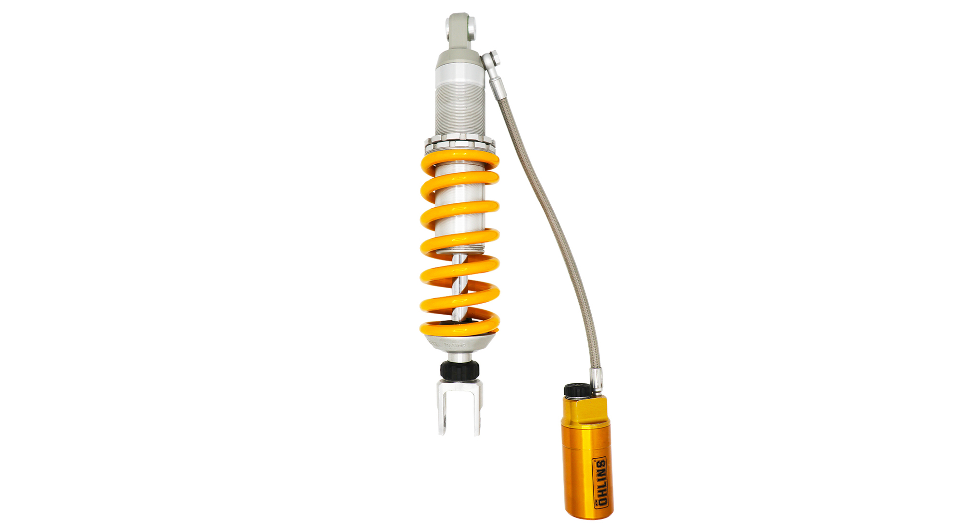 (Photo 02) Öhlins STX46 rear shock, featuring remote reservoir and full adjustability in compression and rebound damping and spring preload