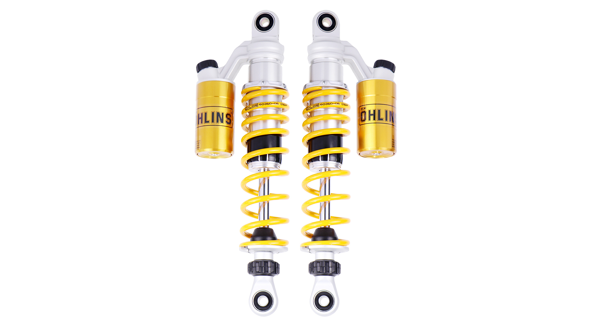Öhlins twin rear suspension units for Yamaha PG-1, featuring STX technology, piggy-back style reservoirs and full adjustability in compression and rebound damping and spring preload.