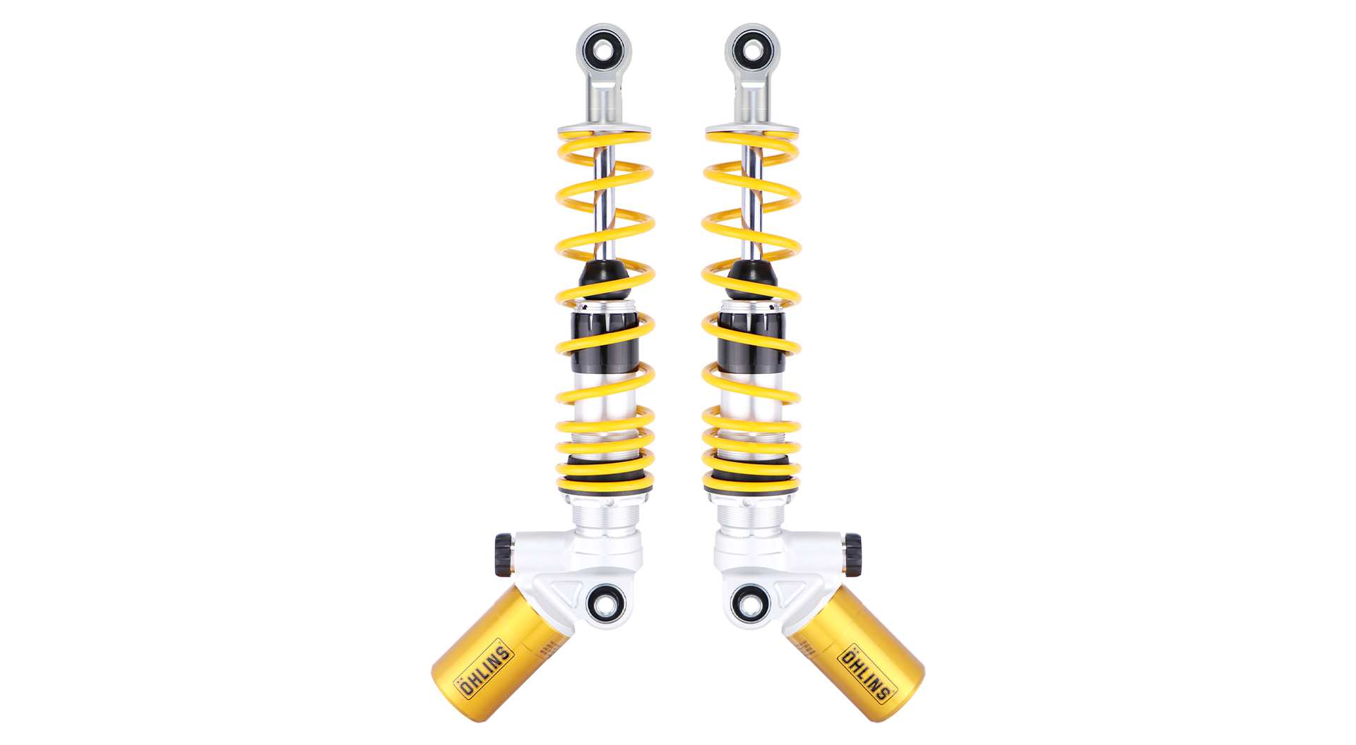 Öhlins rear suspension for Lambretta G350, featuring STX technology, piggy-back style reservoirs and adjustability in spring preload and rebound and compression damping.