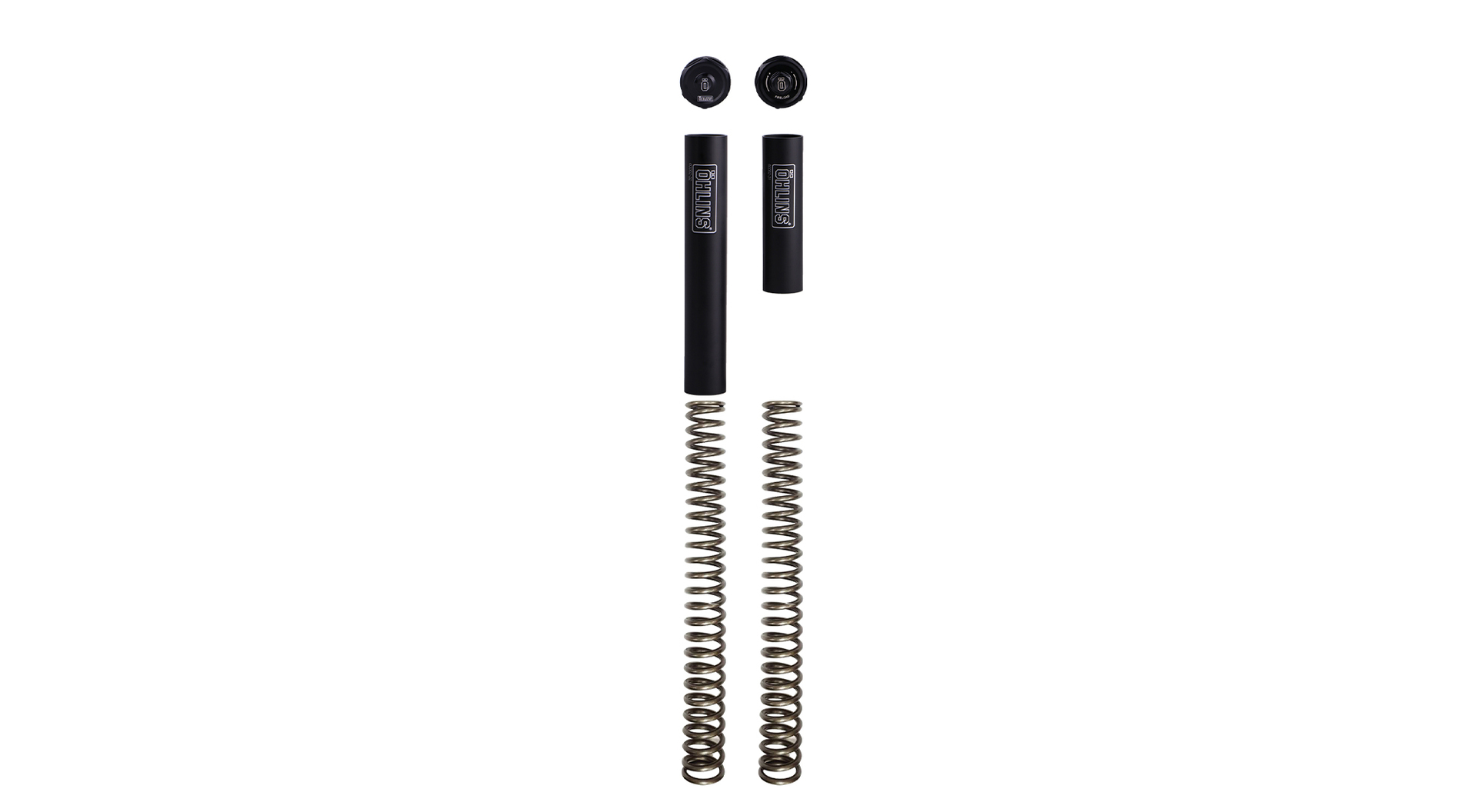 Öhlins front fork spring kit upgrade complete with stylishly branded replacement top caps that incorporate external spring-preload adjusters.